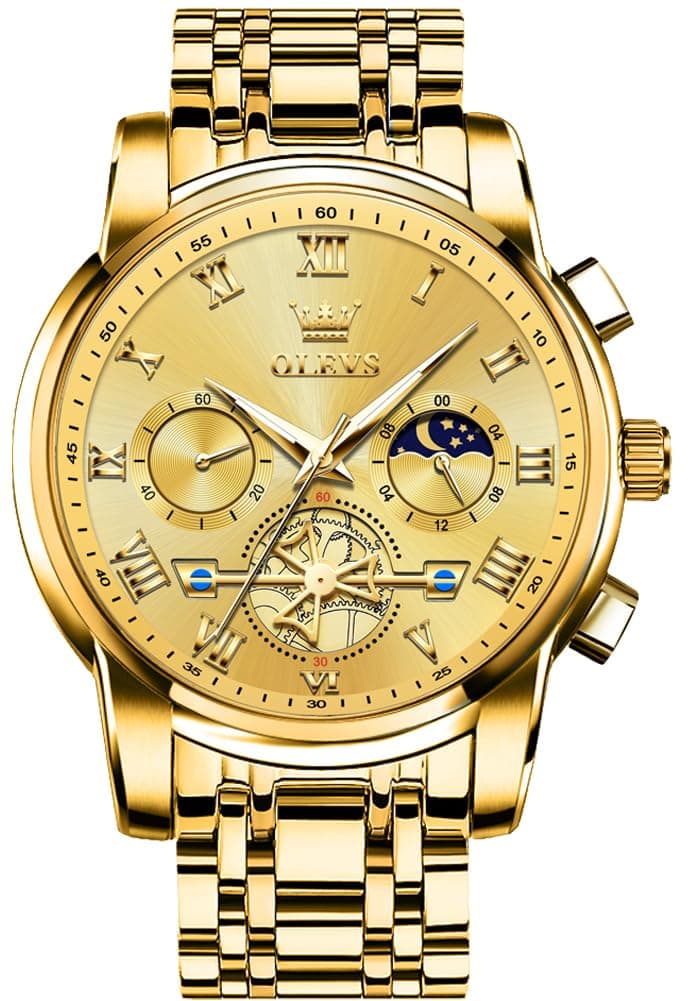 OLEVS Watch Men Gold Watch for Men Luxury Big Face Mens Watches Fashion Quartz Gold Chronograph Stainless Steel Waterproof Dress Mens Metal Watches Relojes para Hombres