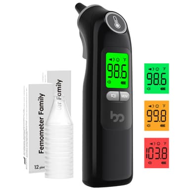 Femometer Family Ear Thermometer, Highly Accurate Ear Thermometer for Kids, Adults and Babies, 30 Memory Recall, 1s Result and 3-Color Fever Alert, with 24 Disposable Probe Covers, Black