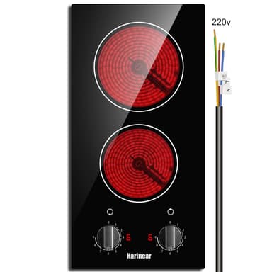 Karinear 2 Burner Electric Cooktop 12 Inch Built-in Electric Stove Top, 220v- 240v Radiant Cooktop with Residual Heat Indicator, Knob Control, Over-Temperature Protection, Hard Wire(No Plug)