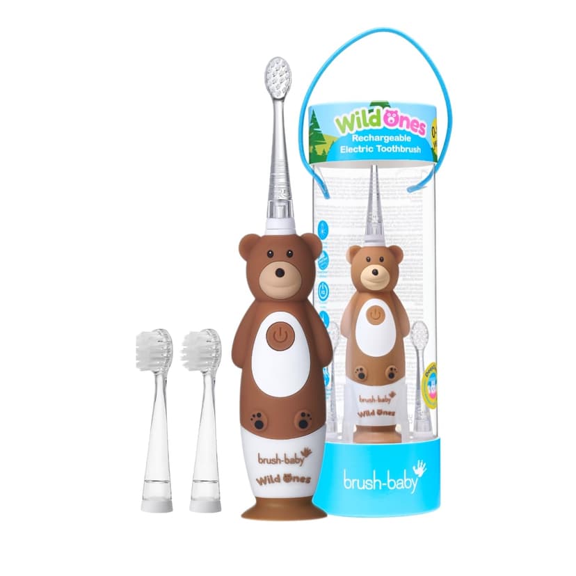 BrushBaby - WildOnes - Kids Rechargeable Electric Toothbrush, Ages 0-10 - Bear Design with Flashing Lights - DeepClean Bristles for Superior Cleaning - 2 Replacement Brush Heads, 1 USB Cable