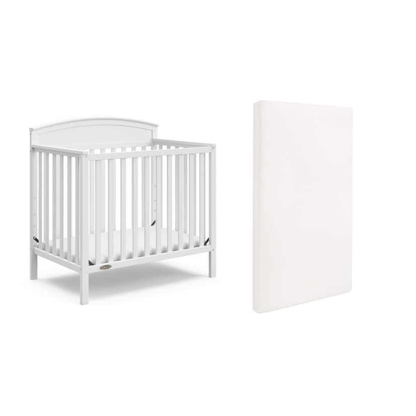 Graco Benton 4-in-1 Convertible Mini Crib with Bonus Crib Mattress (White) – GREENGUARD Gold Certified, 2.75-Inch Mattress Included, Baby Crib Converts to Twin Bed, Ideal for Small Spaces