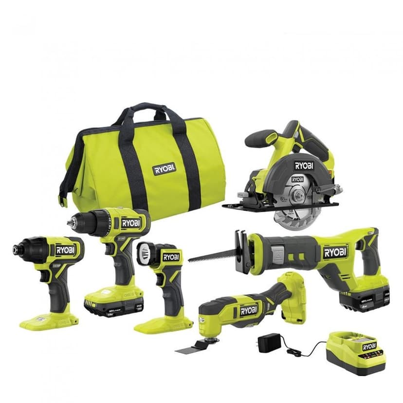 RYOBI ONE+ 18V Cordless 6-Tool Combo Kit with 1.5 Ah Battery, 4.0 Ah Battery, and Charger