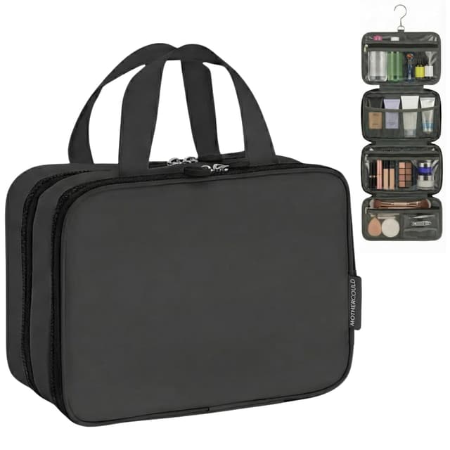 Travel Toiletry Bag for Men & Women, Large Capacity Makeup Organizer & Cosmetic Bag, Water-Resistant Portable Essentials Case with Metal Hook & Carry Handle - Perfect for Travel Use (Black, Small)