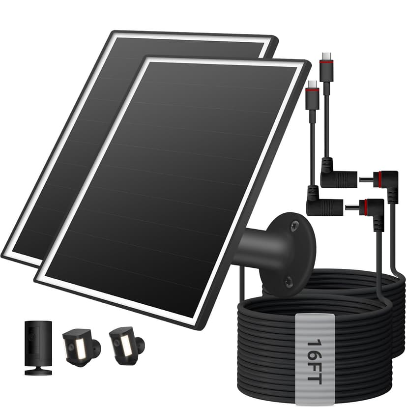 VERVERAY 2 Pack Solar Panel for Ring Camera, 6W Solar Charger with USB-C & Barrel Plug for Ring Stick Up Cam Plus/Pro & Spotlight Cam Battery Series, Waterproof, 16ft Cable (Black)
