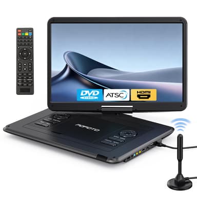 POFOTO 17.5" Portable TV/DVD Player with 15.6" HD Swivel Screen, Built-in ATSC Tuner & FM, Rechargeable Battery, Supports HDMI in/USB/Micro SD/AV Out, Multi-Disc Formats, Black