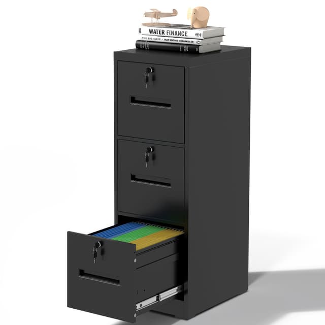 VIYET File Cabinet 3 Drawer with Lock, Vertical Filing Cabinets for Home Office, Metal Steel Storage Cabinet for Letter/Legal Size File, Assembly Required(Black)
