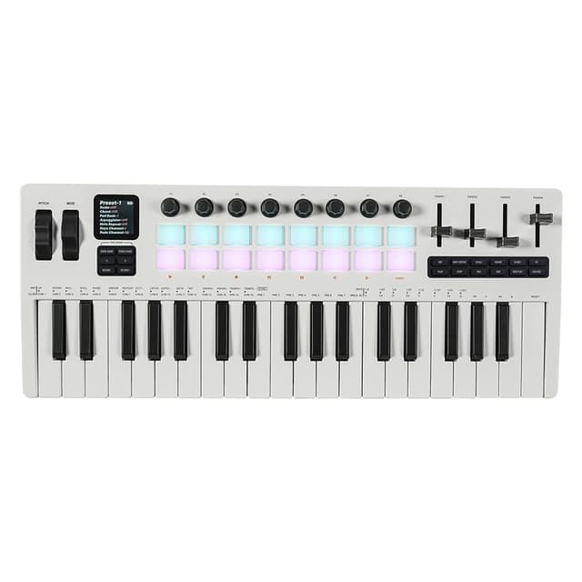 Btuty 37-Key MIDI Keyboard Controller Music Production Controller MIDI Piano Keyboard Drum Pads with 16 RGB Drum Pads 8 Knobs 4 Faders Synthesizer Engine for Music Production