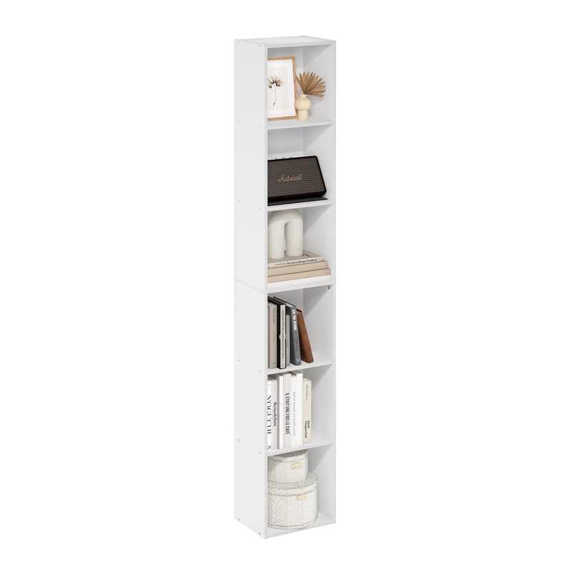 Furinno LUDER Book Shelf, 6-Tier Tall Modern Bookshelf, Bookcase with Open Shelves, 9.3 x 12 x 71, for Living Room, Bedroom, Home Office, White