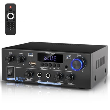 Romica AK55 Stereo Audio Amplifier, 2 Channel 500W Bluetooth 5.0 Home Theater Power Amplifier with FM, Echo, AUX, USB, SD, MIC, Optical & Coaxial Inputs, AMP for Passive Speakers and Active subwoofer