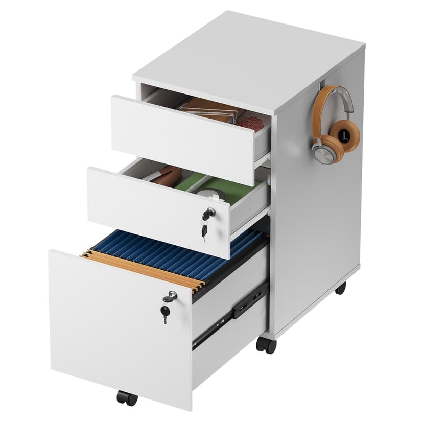 DEVAISE 3 Drawer Mobile File Cabinet with Lock, White Wood Rolling Filing Cabinet for Under Desk, Fits Letter/Legal/A4 Size for Home Office