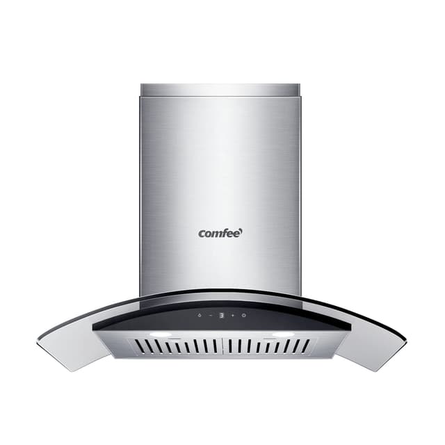 COMFEE' Curved Glass Range Hood 30 Inch 450 CFM 3 Speed Gesture Sensing &Touch Control Panel Stainless Steel kitchen Ductless/Ducted Convertible with Baffle Filters and 2 LED Lights (CVG30W9AST)