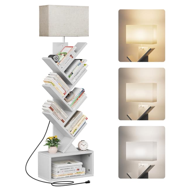 Evermagin 6 Tier Tree Bookshelf with Light, Narrow Bookcase Tower, Tall Floor Standing Book Shelf Organizer with Storage Cabinet for Living Room, Bedroom and Home Office, White