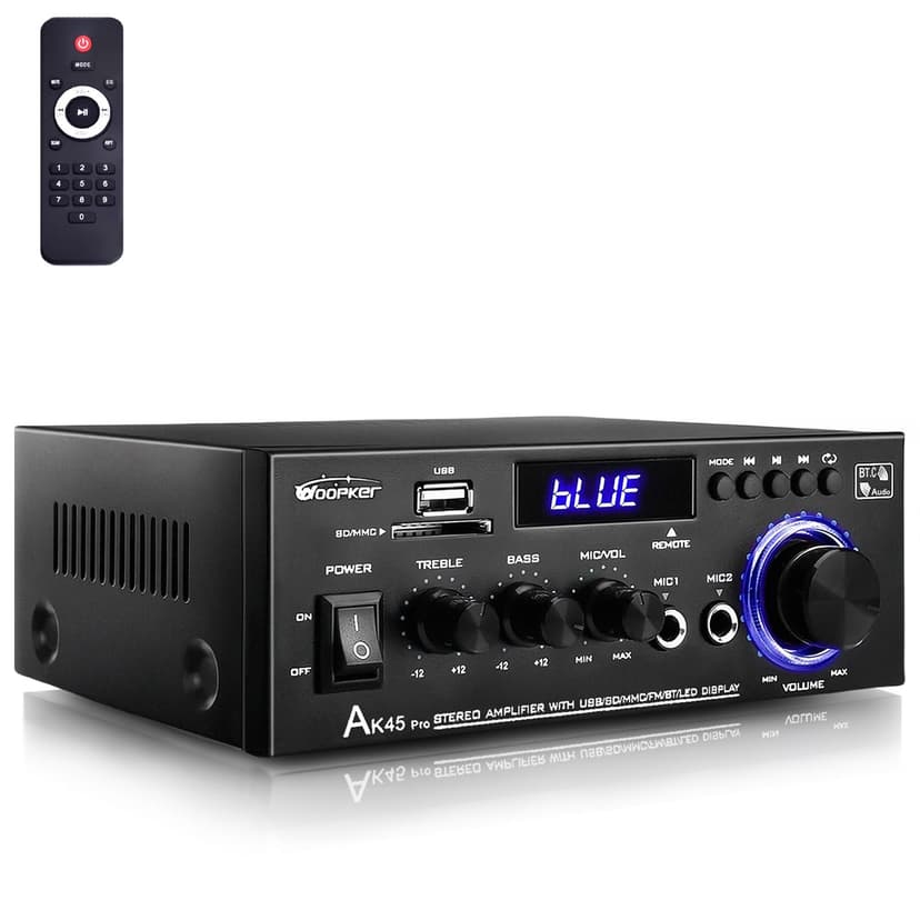 WOOPKER AK45 Pro Amplifier Home Audio Stereo Receivers with Bluetooth 5.0,Max 400W,2.0 Channel Stereo Amplifier System for Home Theater Speakers, Karaoke,Garage,Home Amp with USB,SD,RCA,2 MIC in