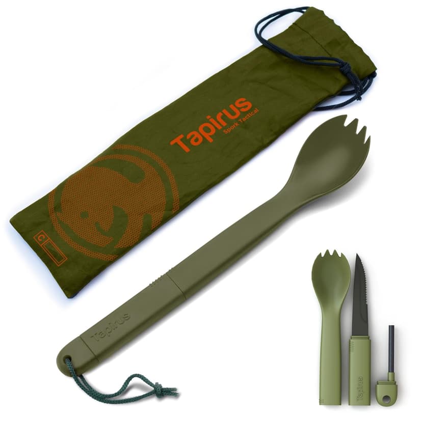 Tapirus Spork Tactical Green | BPA Free Spoon Fork, Stainless Steel Knife and Fire Starter | 3 in 1 multipurpose utensil | Outdoor hiking, camping & backpacking gear | Fit for MRE