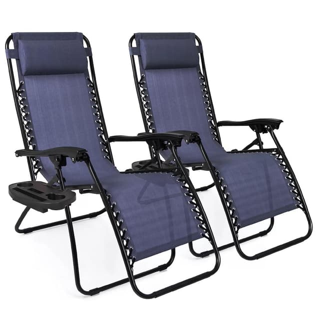 EZONE Zero Gravity Lounge Chairs Outdoor Adjustable Reclining Patio Chair Steel Mesh Folding Recliner for Pool Beach Camping Lounge Chair with Pillows and Cup Tray (2, Navy Blue)