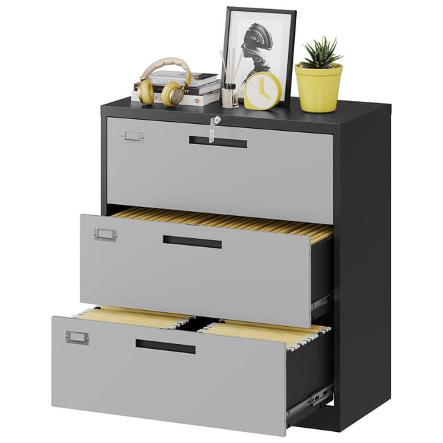 Fesbos 3 Drawer Lateral File Cabinet with Lock, Metal Steel Filling Cabinets for Home Office, Gray Lockable Storage Cabinet for Hanging Files Letter/Legal/F4/A4 Size-Assembly Required