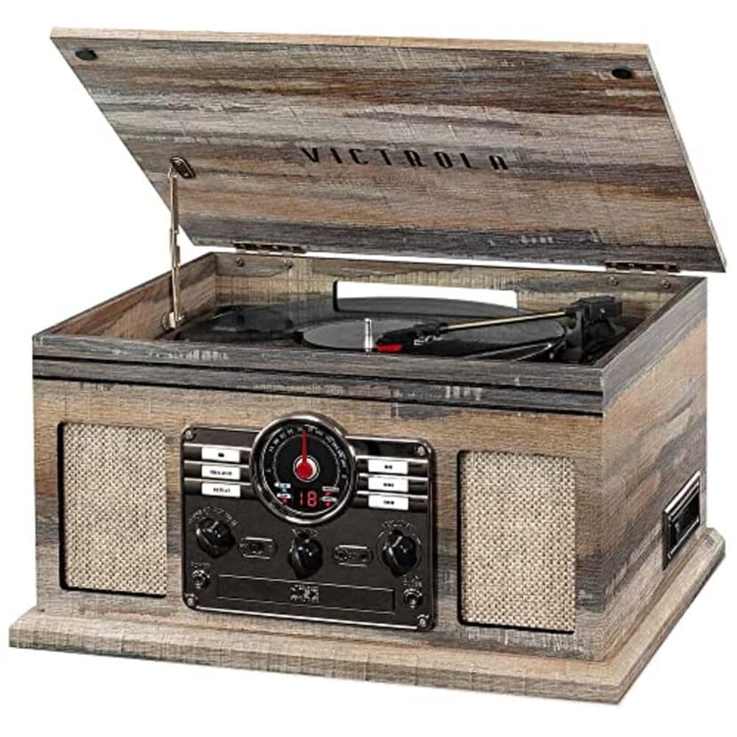 Victrola The Quincy 6-in-1 Bluetooth Record Player & Multimedia Center with Built-in Speakers – 3-Speed Turntable, CD & Cassette Player, AM/FM Radio, Wireless Music Streaming (Farmhouse Shiplap Grey)