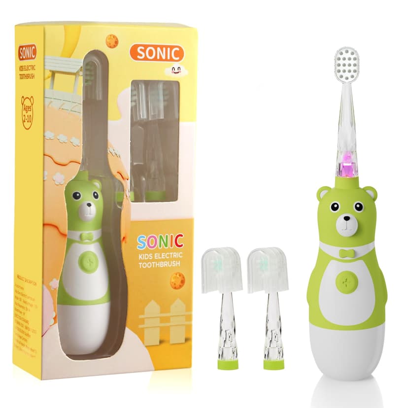 Sanguisync Kids Electric Toothbrush, Battery Operated Fun Bear Design Sonic Toothbrush for Toddler Ages 2-10, 2 Mins Timer, Soft Bristles, 2 Replacement Heads, 3 Brushing Modes for Teeth Cleaning