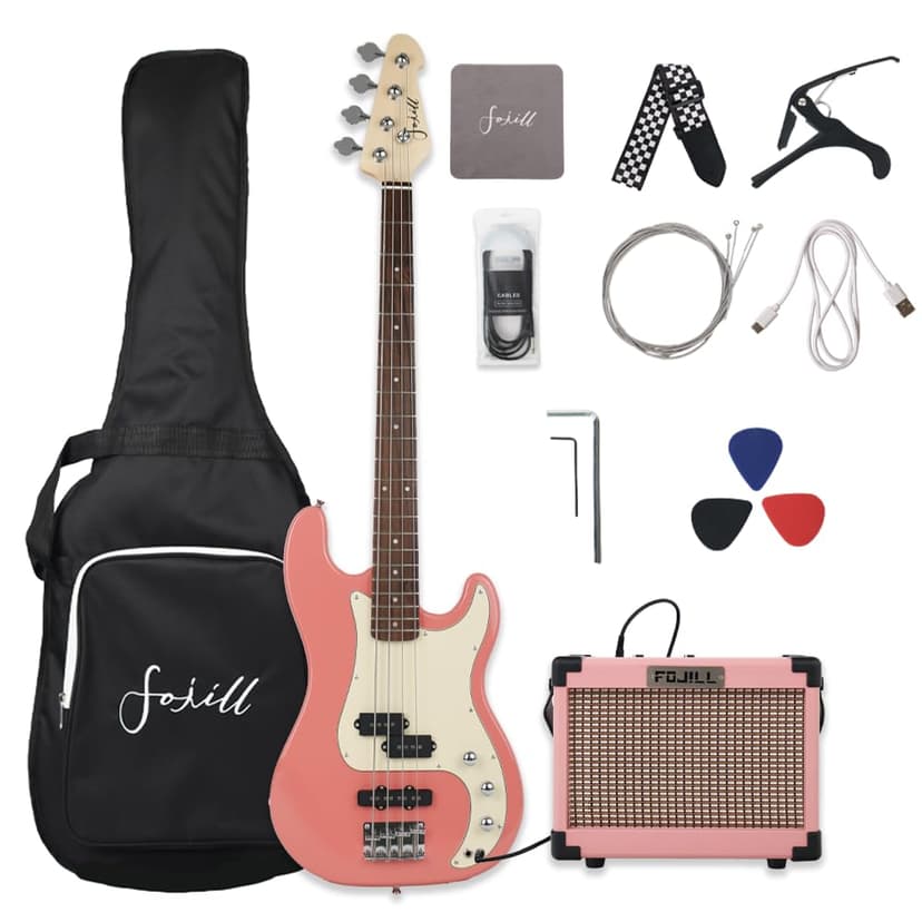 Fojill Full Size 4 Four String Electric Bass Guitar 10W Battery Power Bluetooth Amplifier Amp Beginner Starter Kit Set Combo Bundle Accessory Gig Bag,Strap,Picks,Capo,Cable,Strings(GPK)