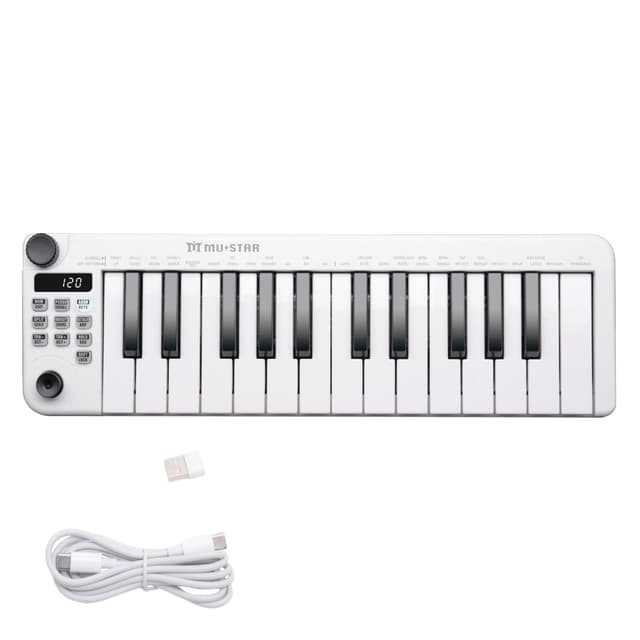Mini MIDI Keyboard, 25 Key MIDI Controller for Beginner with Dual-Channel Keyboard, Knob, Joystick, Built-in MIDI Clock, LED Display (White)