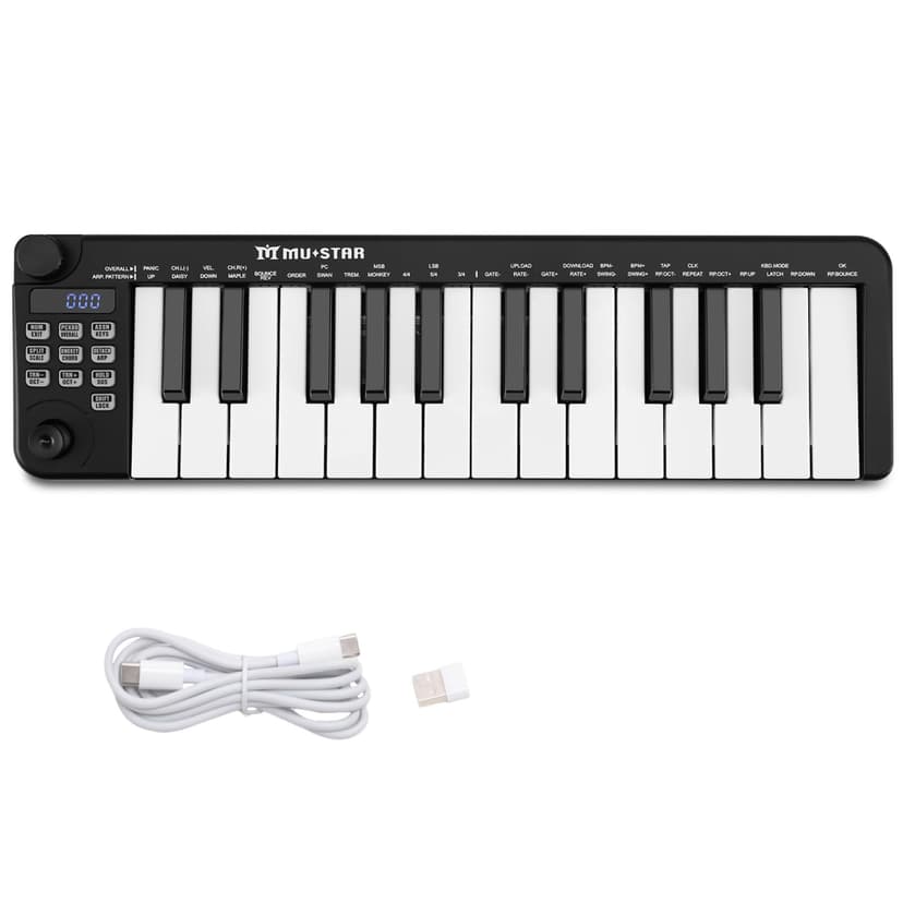 Mini MIDI Keyboard, 25 Key MIDI Controller for Beginner with Dual-Channel Keyboard, Knob, Joystick, Built-in MIDI Clock, LED Display
