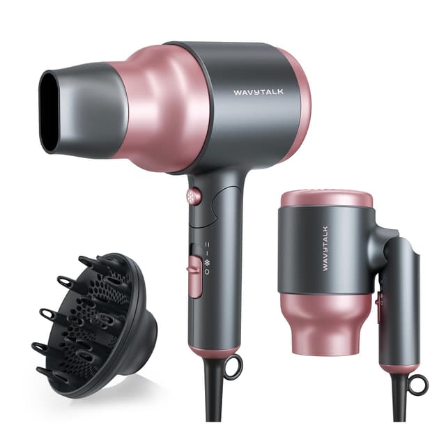 Wavytalk Portable Hair Dryer with Diffuser, Foldable Mini Hair Dryer with Lightweight Design, 1600W Small Hair Blow Dryer with Diffuser for Curly Hair Fast Drying, Rose Pink