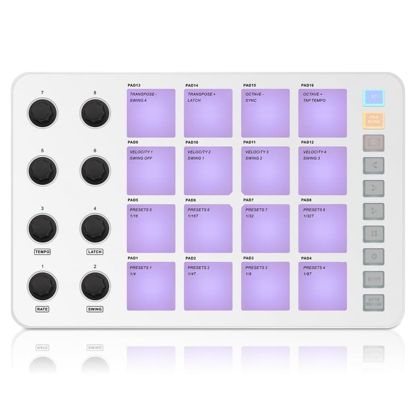 Wireless MIDI Controller Pads, Bluetooth Portable USB MIDI Controller with 16 Drum Pads, 8 Assignable Knobs, Note Repeat, Full Level Buttons, Rechargeable battery (White Pad)