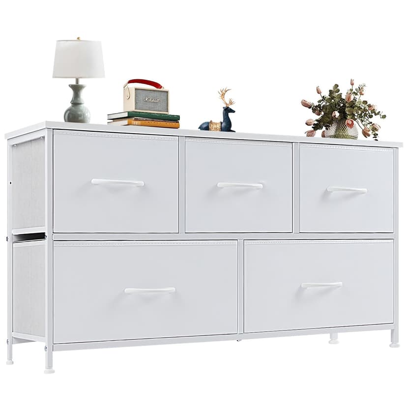 OLIXIS Dresser for Bedroom with 5 Drawers, Wide Chest of Drawers, Fabric Bedroom Dresser with Drawer Organizers, Storage Organizer Unit with Fabric Bins for Closet, Living Room, Hallway, Classic White