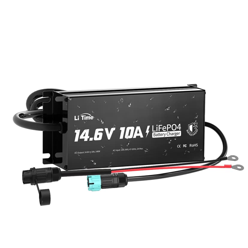 LiTime IP65 Waterproof 14.6V 10A LiFePO4 Onboard Charger, Fast Charging, 4 Safety Protections, Better Charging Performance, Extend Lithium Batteries Life, with LED Indicator, Outdoor & Marine Use