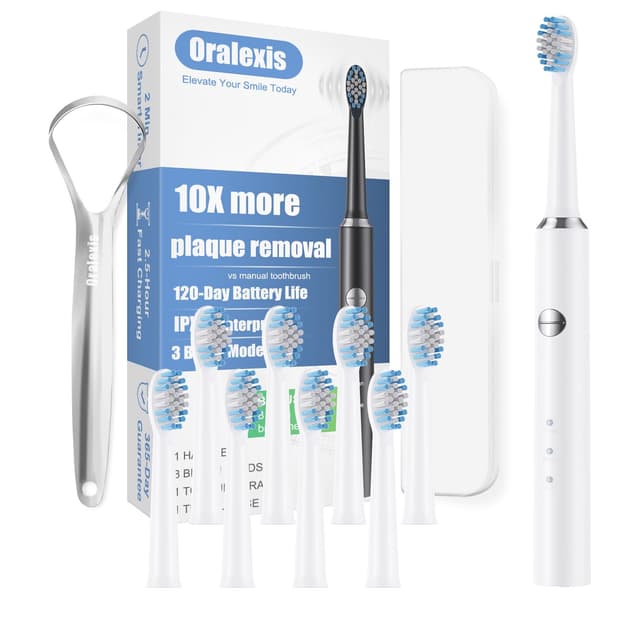 ORALEXIS Electric Toothbrush for Adults and Kids, with 8 Brush Heads and Tongue Scraper, 2 Minute Smart Timer, One Fast Charge Last 120 Days, 40000 VPM Deep Clean, Sonic Travel Toothbrush - White