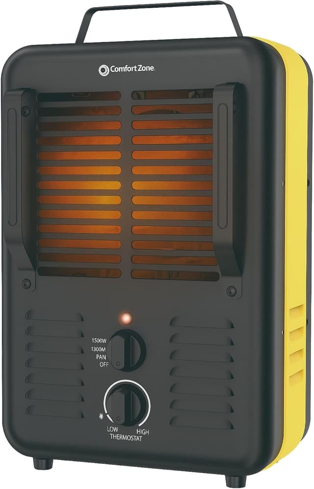 Comfort Zone 1,500-Watt Milkhouse Style Electric Portable Utility Heater with Adjustable Thermostat, Overheat Protection, and Safety Tip-Over Switch, Yellow/Black