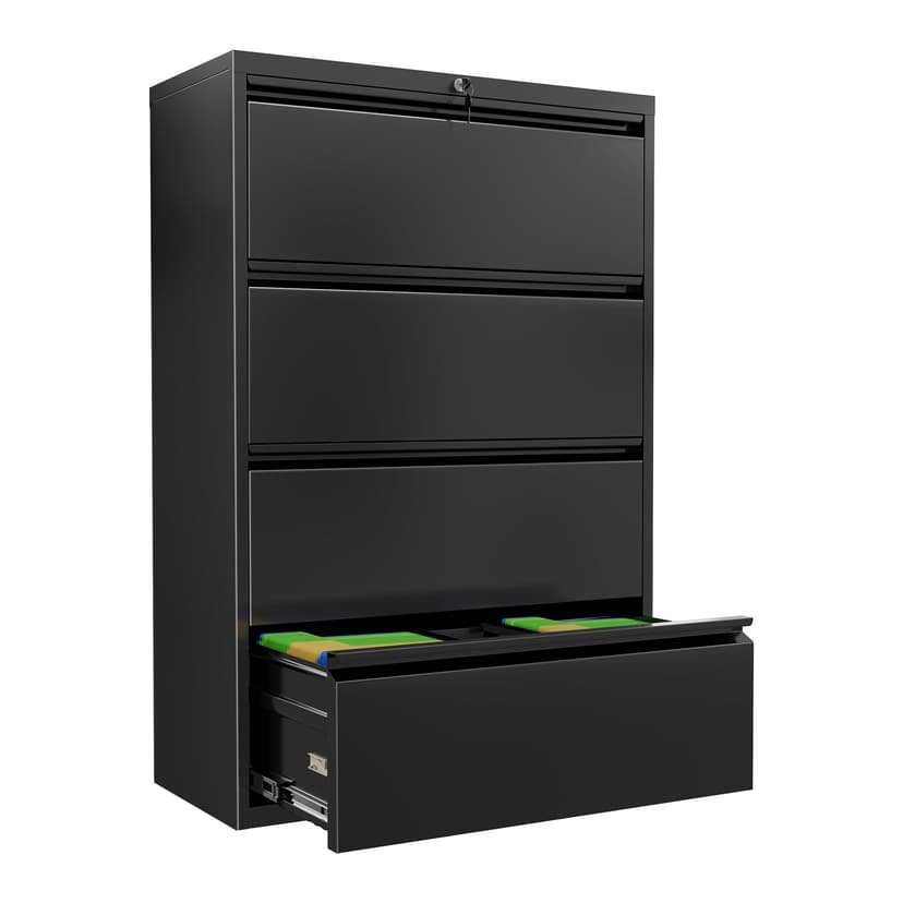 INTERGREAT 4 Drawer File Cabinet, Lateral File Cabinet with Lock, Metal Office Filing Cabinet with Adjustable Frame for Legal, Letter, A4 Files, Fast Assembeld, Black