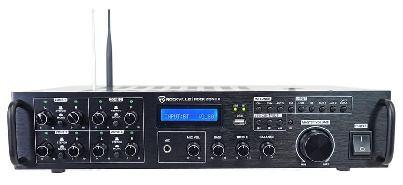 Rockville Rock Zone 8 1000W RMS 8-Channel 8-Zone Amplifier, Bluetooth, USB, Optical/Coaxial/RCA Inputs, Mic/FM, Rack-Mountable, for Multi-Room Home or Commercial Audio