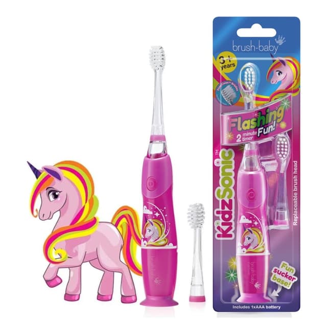 Brush‑Baby - KidzSonic Unicorn Kids Electric Toothbrush for Ages 3+ with Disco LED Lights, Gentle Sonic Vibrations, 2-Minute Smart Timer & 30‑Second Pulse Reminders – AAA Battery Included