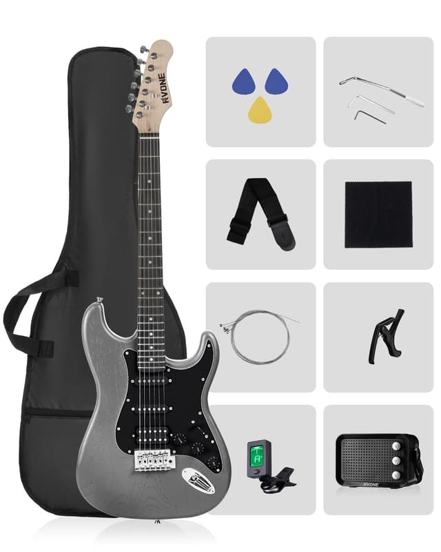 RVONE RST-150 39" Beginner Electric Guitar Kit with Amp & HSS Pickups | Complete Starter Set for Newcomers w/Essentials | Gig Bag, Extra Strings, Digital Tuner, Capo, Strap | Home Practice (Black)