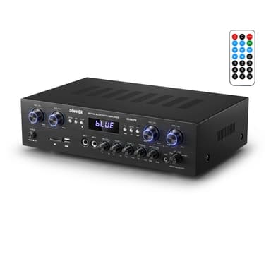 Donner Bluetooth 5.0 Stereo Audio Amplifier Receiver, 4 Channel 440W Peak Power Home Theater Stereo Receiver with USB, SD, FM, 2 Mic in Echo, RCA, LED, Speaker Selector for Studio, Home - MAMP5