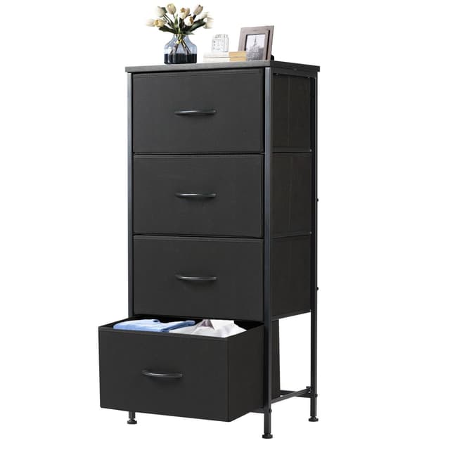 DUMOS Nightstand with 4 Drawers Bedside Table with Removable Fabric Bins Sturdy Steel Frame Wood Top Organizer Furniture for Bedroom Closet Living Room