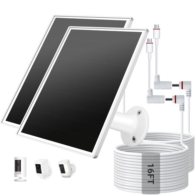 VERVERAY 2 Pack Solar Panel for Ring Camera, 6W Solar Charger with USB-C & Barrel Plug for Ring Stick Up Pro/Plus & Spotlight Cam Battery Series, Waterproof, 16ft Cable (White)