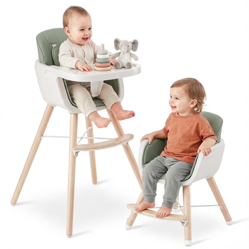 Mallify 3-in-1 Wooden High Chair, Convertible High Chairs for Babies and Toddlers, Baby Highchair with Adjustable Legs & Dishwasher-Safe Tray, Sleek Hardwood & Premium PU Cushion, Green