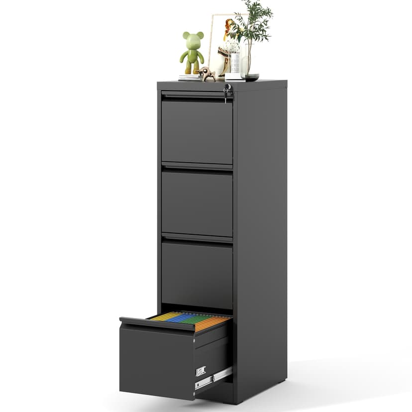 VIYET File Cabinet 4 Drawer with Lock, Vertical Filing Cabinets for Home Office, Metal Steel Storage Cabinet for Letter/Legal Size File, Assembly Required(Black)