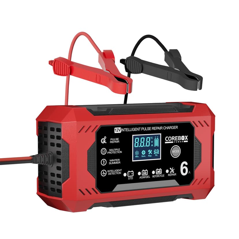 Corebox Battery Charger 6-Amp 12V Automatic Smart Battery Trickle Charger, Battery Maintainer Desulfator with Temperature Compensation for Car Truck Motorcycle Lawn Mower Marine