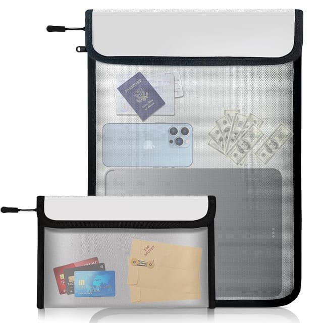 Fireproof Waterproof Document Bag - 2000℉ Protection, Upgraded Two Pockets, Reflective Strips | 2 Sizes (5x8in & 11x15in) | Certified Fire Safe Bag for Cash, Passports & Legal Files