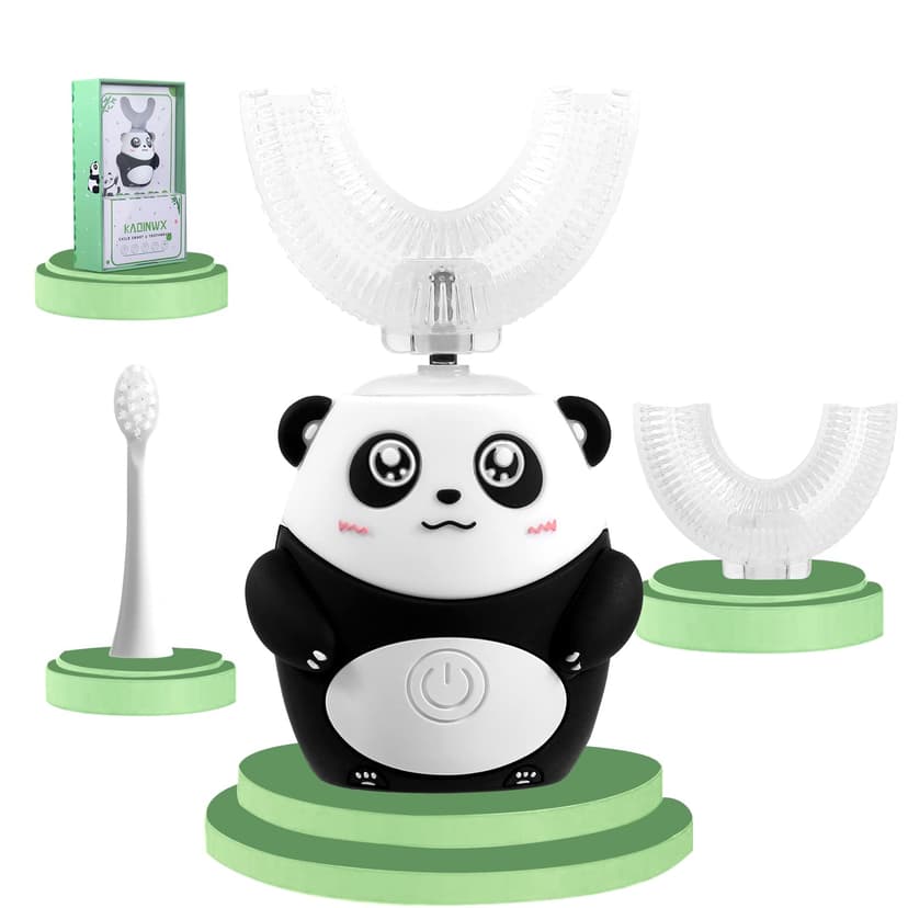 KAQINWX Kids U Shaped Electric Toothbrush for Age 2-12, Rechargeable Toddler Toothbrush with Smart Timer & 3 Clean Modes, Panda Design, IPX7 Waterproof, 3 Brush Heads & 360°Cleaning