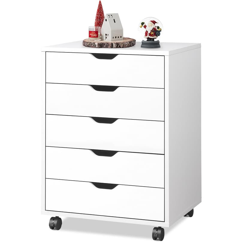 DEVAISE 5-Drawer Chest, Wood Storage File Cabinet with Wheels, White