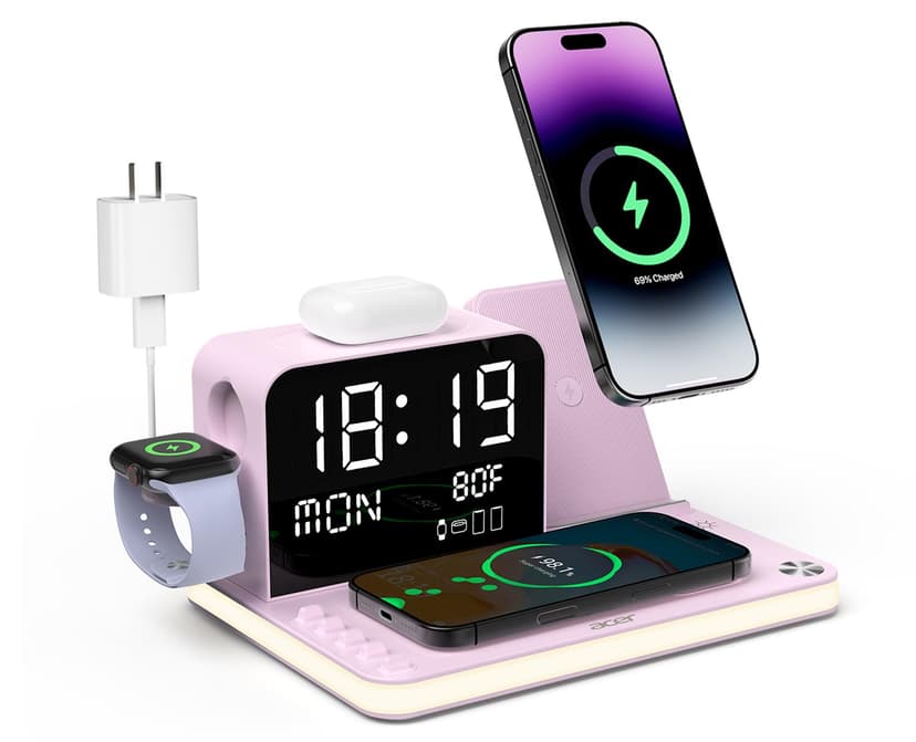 Acer 7-in-1 Wireless Charging Station with LED Clock - 30W Fast Wireless Charger for iPhone 16/15/14/13/12/Pro Max, Apple Watch, AirPods - Bluetooth Auto Time Sync & Night Lights (Purple)
