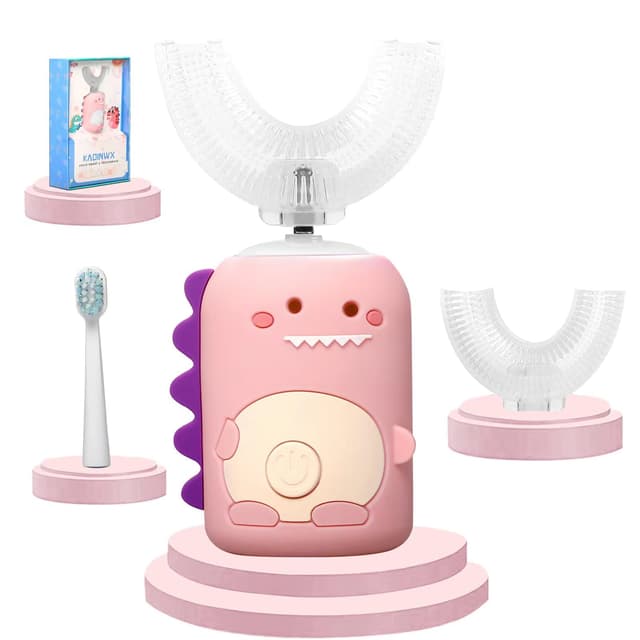 KAQINWX Kids U Shaped Electric Toothbrush for Age 2-12, Rechargeable Toddler Toothbrush with Smart Timer & 3 Clean Modes, Dinosaur Design, IPX7 Waterproof, 3 Brush Heads & 360°Cleaning
