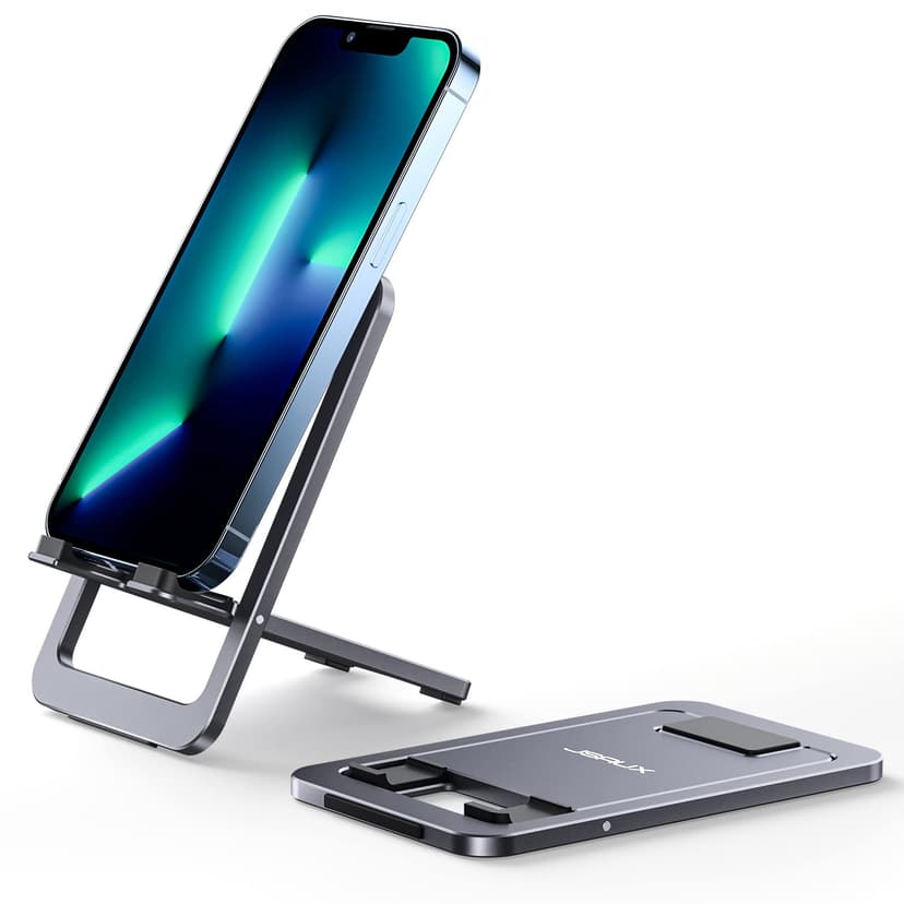 JSAUX Cell Phone Stand, Foldable Aluminum Adjustable Phone Holder for Desk Portable Travel Essentials Office Accessories for iPhone 17 16 15 14 13 Pro Max Samsung S25 S24 S23 Ultra Kindle-Gray