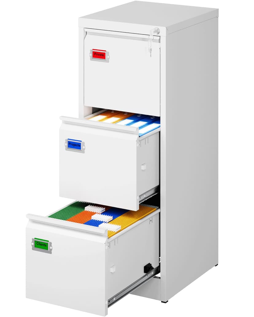 PEUKC 3-Drawer File Cabinet with Lock, 16.3" Deep Vertical Filing Cabinets, Metal File Cabinets for Home Office, Anti-Tip 3 Storage Drawers for Letter/Legal/A4/F4 Size (Assemble Required, White)