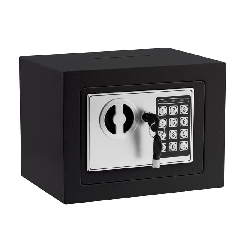Small Electronic Safe Box With Digital Keypad & Keys - 9.05 x 6.7 x 6.7 Inches Wall Safe 0.23Cuft Mini Security Box for Coin Home Office Hotel Rooms Business Jewelry Gun (Black)