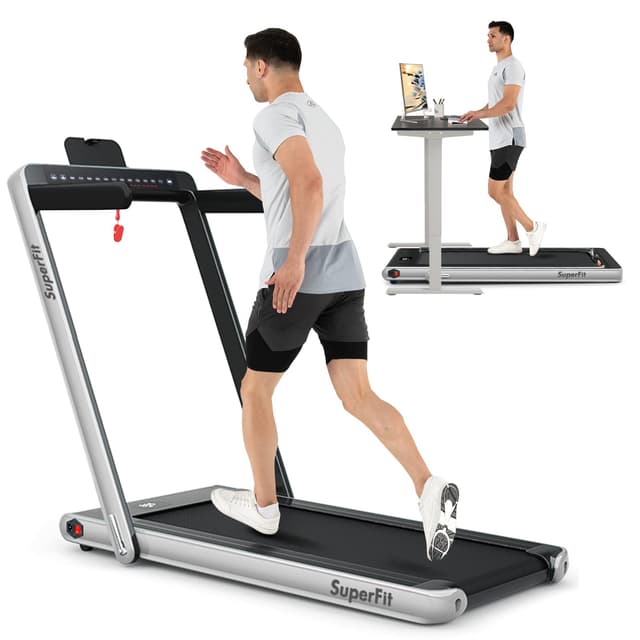 Goplus 2 in 1 Folding Treadmill with Dual Display, 2.25HP Superfit Under Desk Treadmill with APP Control, Remote Control, Blue Tooth Speaker, Installation-Free, Walking Jogging for Home